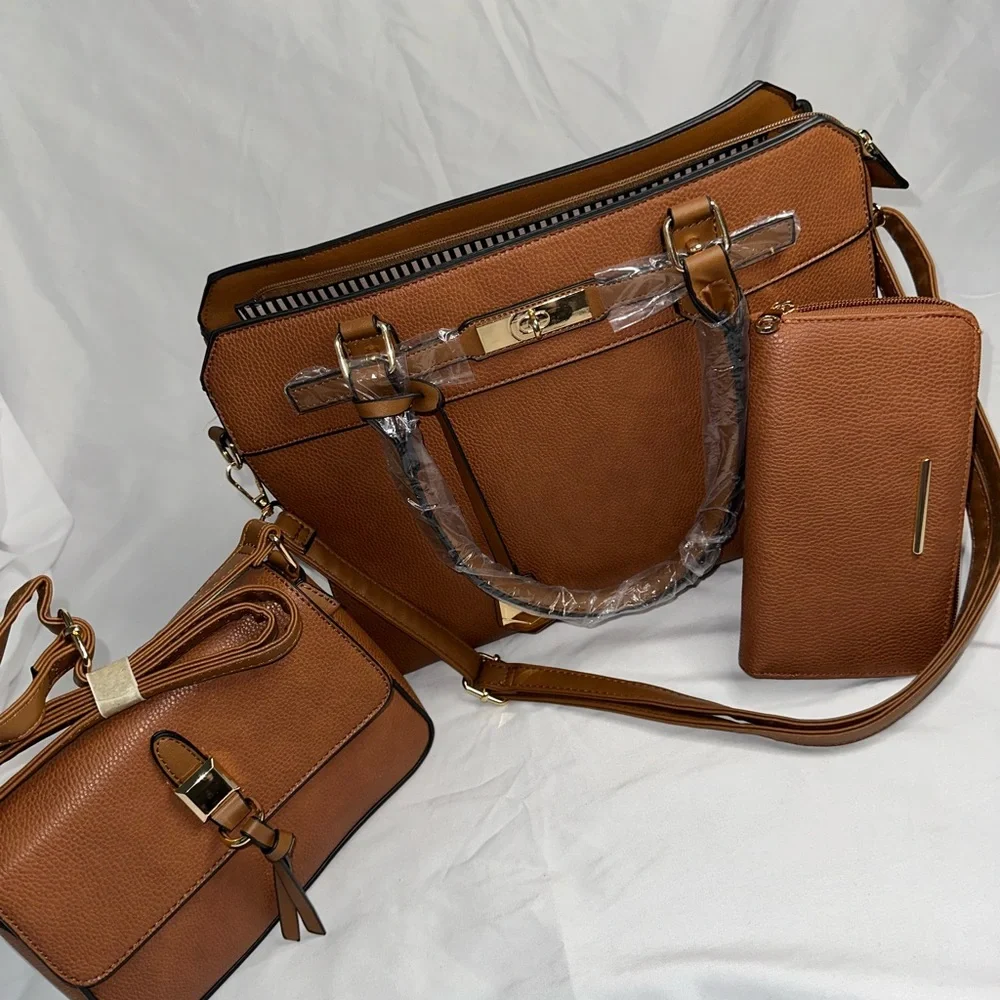 Elegant Brown Leather Satchel with Gold Accents Set with crossbody and wallet - Picture 1 of 3